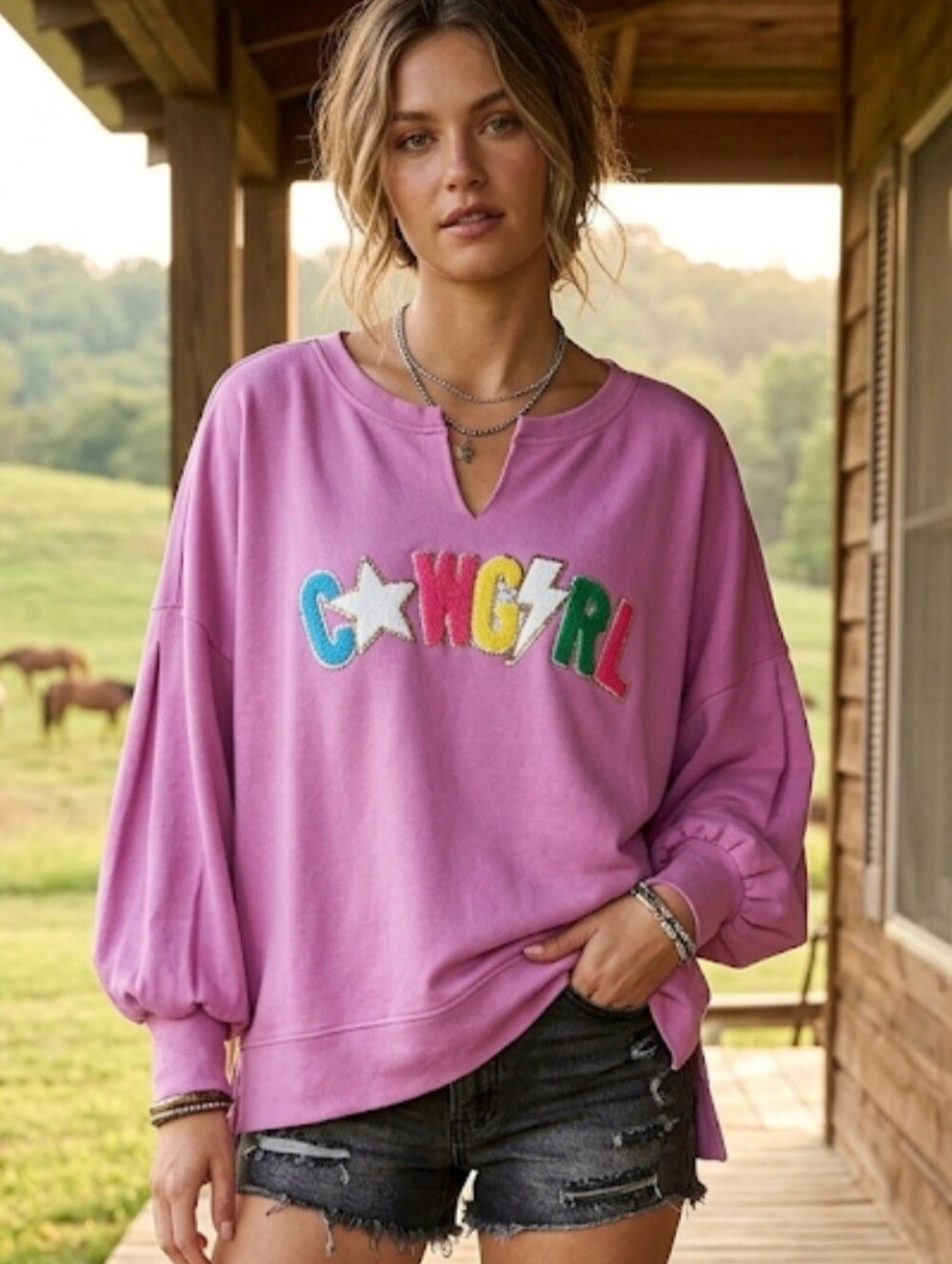 Fantastic Fawn Cowgirl Puffy Chenille Letters And Sequins Oversized Sweatshirt